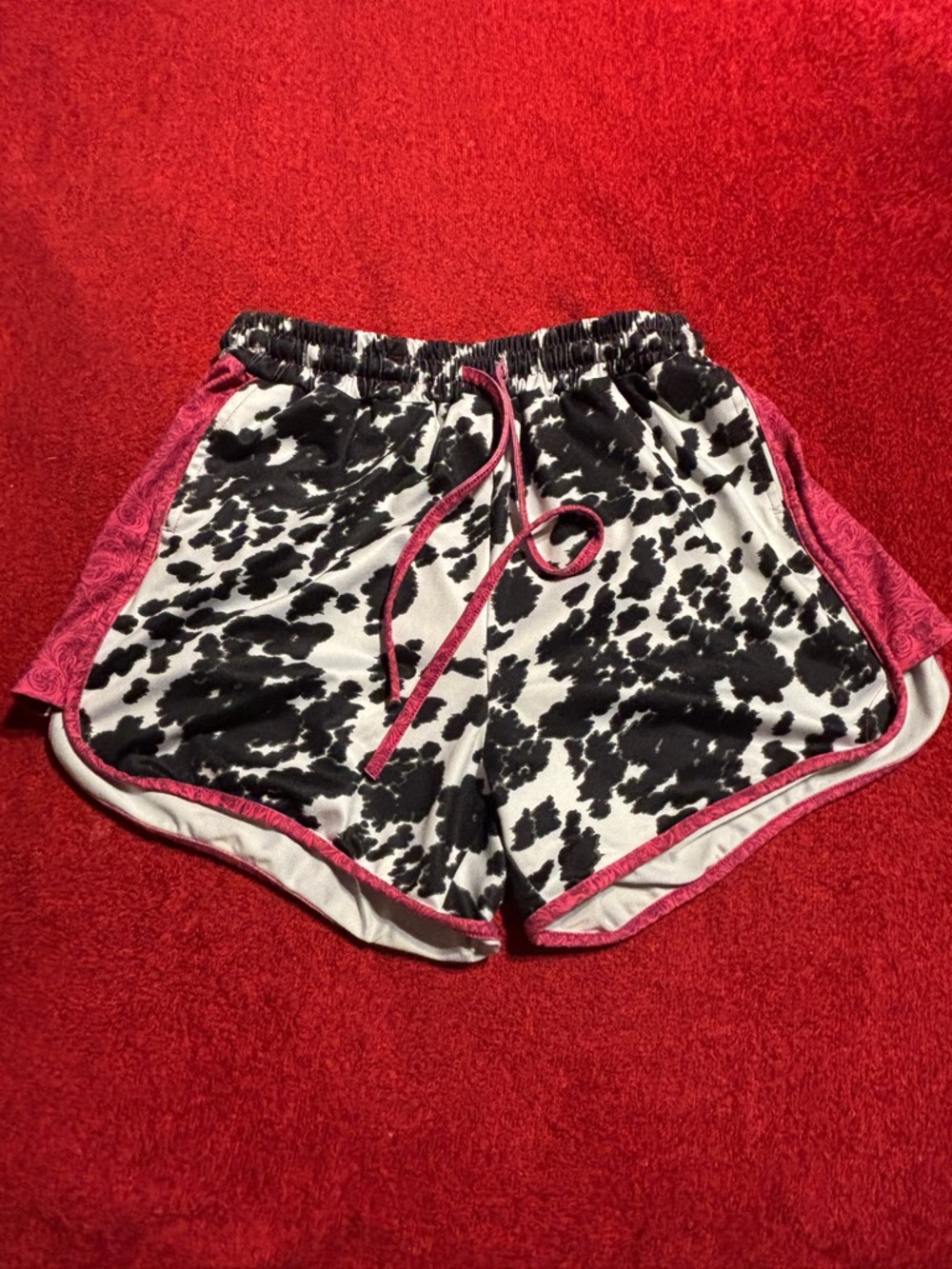 Crazy Train Black & White Cow Print Women’s Running Shorts with Pink Trim Size S